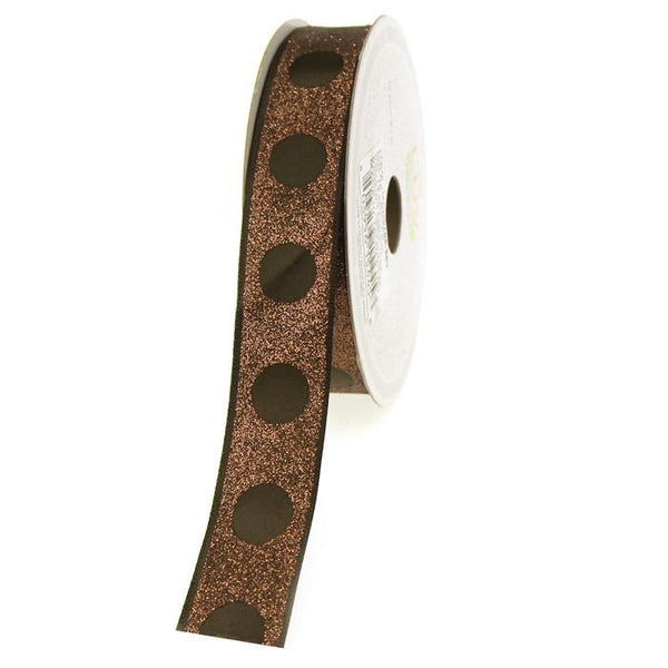 Glitter Ribbon with Satin Dots, 7/8-inch, 10-yard, Brown