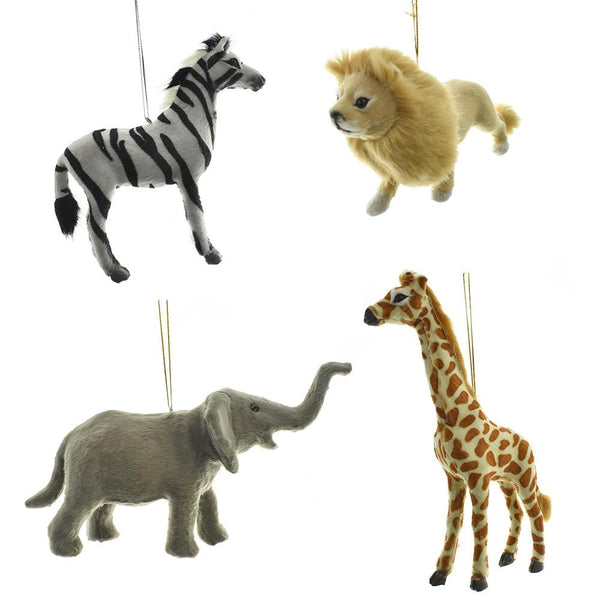 Furry Jungle Animal Ornaments, 4-Piece