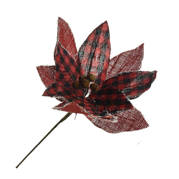 Buffalo Plaid Poinsettia Floral Pick, Red, 19-Inch