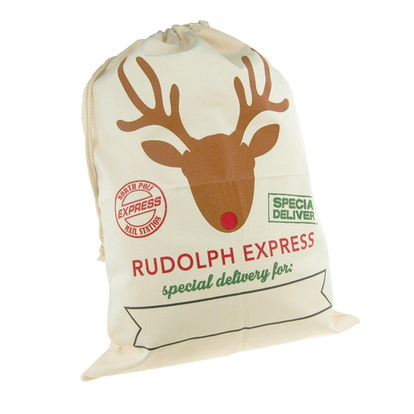 Christmas Reindeer Head Print Santa Sack, Ivory, 27-Inch x 19-Inch