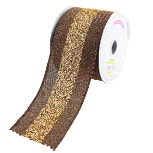 Glitter Center Canvas Ribbon, 2-1/2-Inch, 10 Yards, Brown/Gold