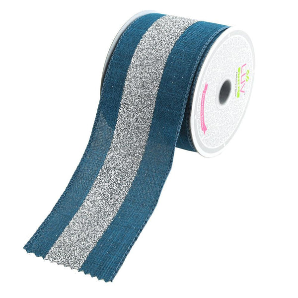 Glitter Center Canvas Ribbon, 2-1/2-Inch, 10 Yards, Denim/Silver