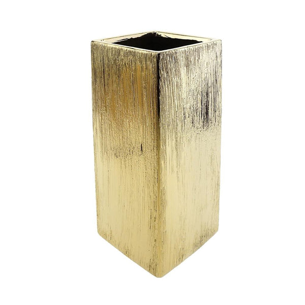 Tall Scratched Square Ceramic Vase, Gold, 12-Inch