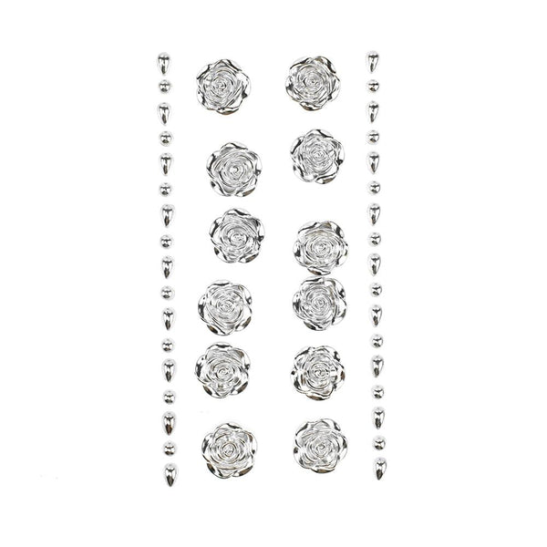 Pearlescent Rhinestone Rose Stickers, 3/4-Inch, 14-Piece, Silver