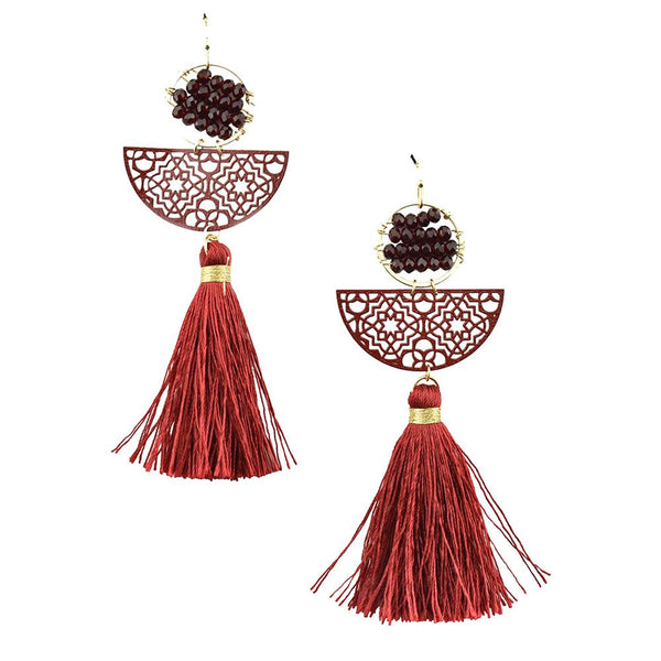 Filigree with Glassbeads Tassel Earrings, Red, 3-1/4-Inch