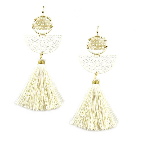 Filigree with Glassbeads Tassel Earrings, Ivory, 3-1/4-Inch