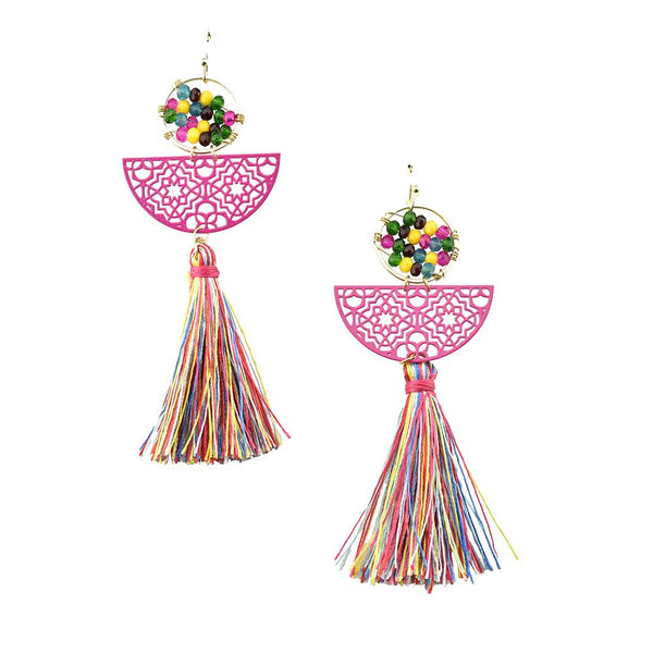 Filigree with Glassbeads Tassel Earrings, Multicolor, 3-1/4-Inch