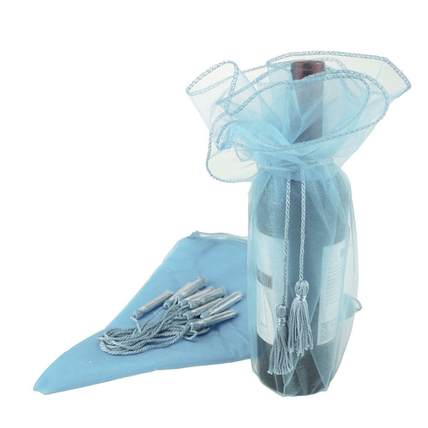 Organza Wine Bottle Wrap with Cord Tassel, 6-Count, 28-Inch, Light Blue