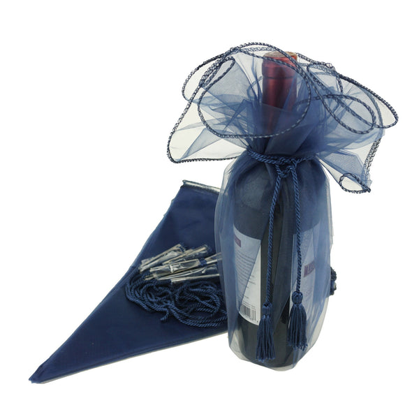 Organza Wine Bottle Wrap with Cord Tassel, 6-Count, 28-Inch, Navy Blue