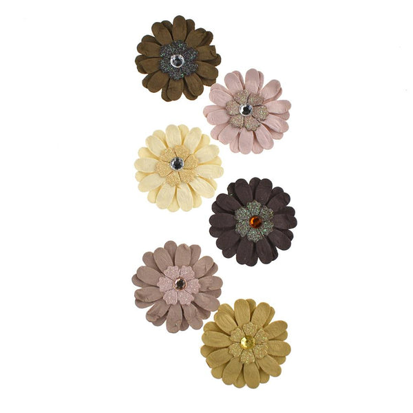 Adhesive Paper Craft Glitter Flowers, 1-1/2-Inch, 6-Piece, Almond Mocha