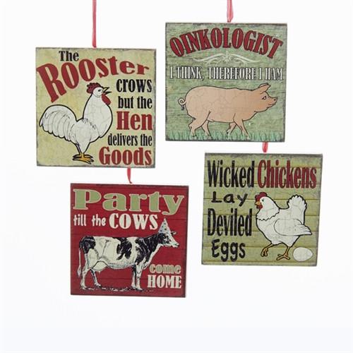 Farm Animal Saying Wood Ornaments, Assorted, 3-1/2-Inch, 4-Piece