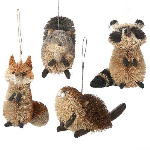 Buri Woodland Animal Ornaments, Natural, 3-1/2-Inch, 4-Piece