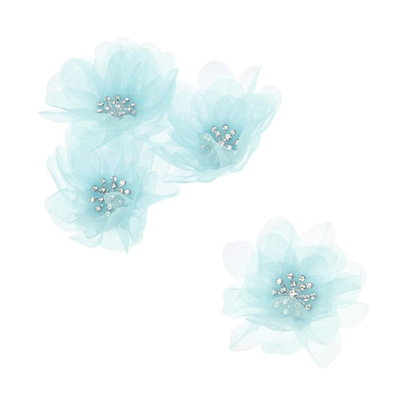 Sheer Rhinestone Center Tulle Flower, 3-1/2-Inch, 12-Count, Blue