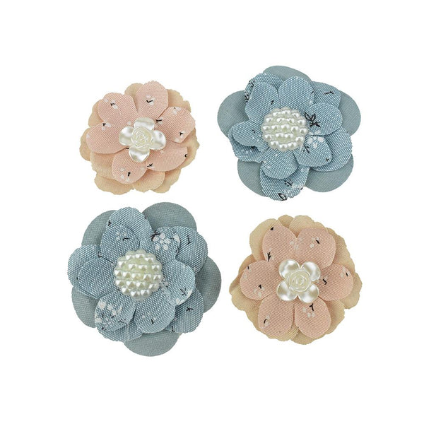 Self-Adhesive Canvas Flower With White Pearl Centers, 2-3/4-Inch, 4-Piece, Dusty Blue/Lt. Pink