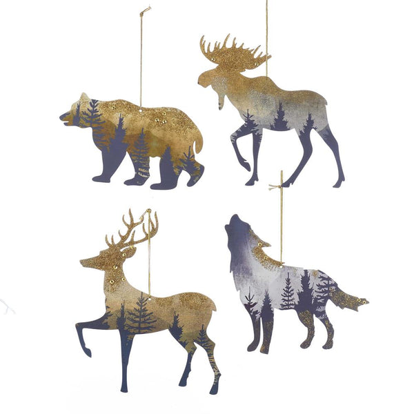 Mountain Animal Silhouette Metal Christmas Ornaments, 4-Piece