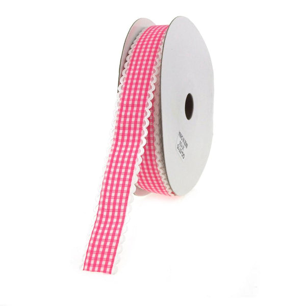 Gingham Picot-edge Polyester Ribbon, 7/8-inch, 25-yard, Hot Pink