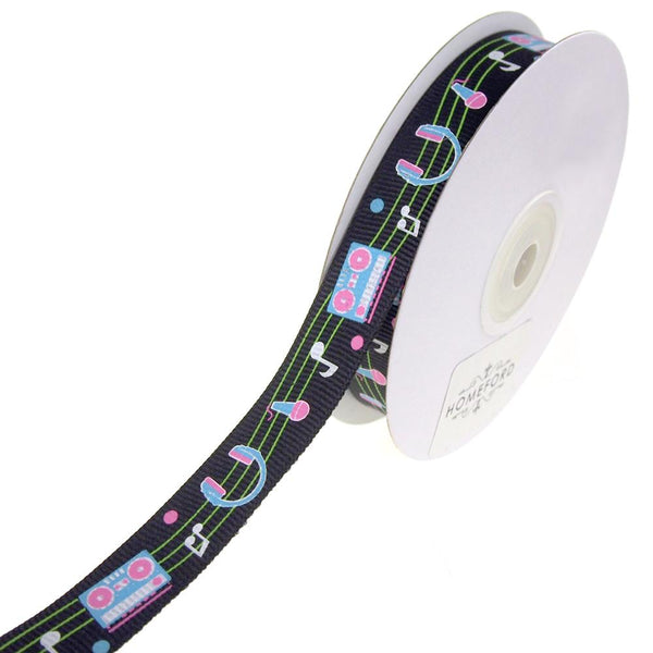 Boom Box Music Grosgrain Ribbon, Black, 5/8-Inch, 10-Yard