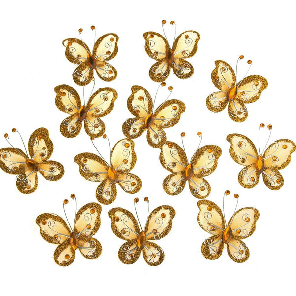 Organza Nylon Glitter Butterflies, 2-inch, 12-Piece, Gold