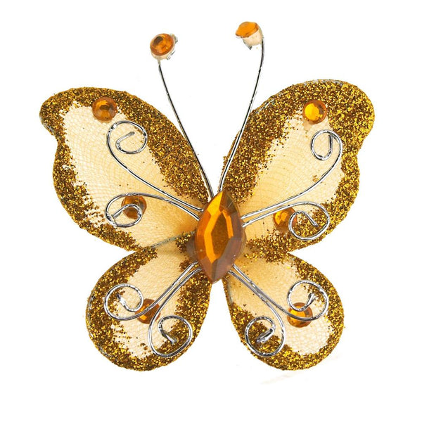 Organza Nylon Glitter Butterflies, 3-inch, 12-Piece, Gold