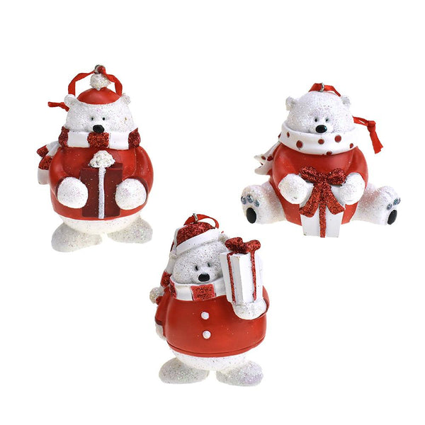 Resin Glitter Christmas Polar Bear Ornaments, 3-1/4-Inch, 3-Piece