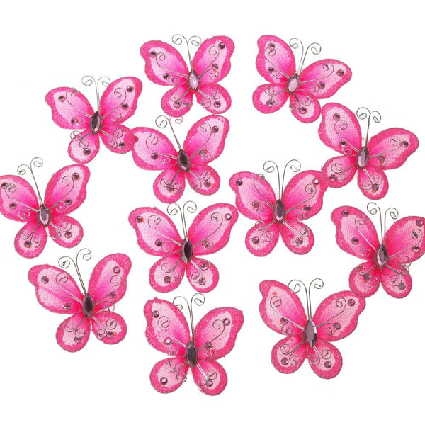 Organza Nylon Glitter Butterflies, 2-inch, 12-Piece, Hot Pink