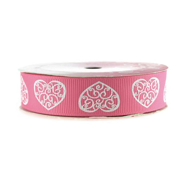 Glitter Swirl Heart Grosgrain Ribbon, 7/8-inch, 4-yard, Hot Pink