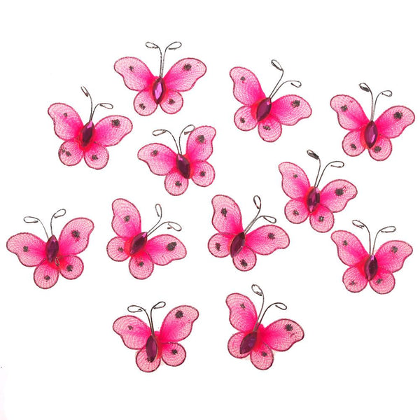 Organza Nylon Glitter Butterflies, 1-inch, 12-Piece, Hot Pink