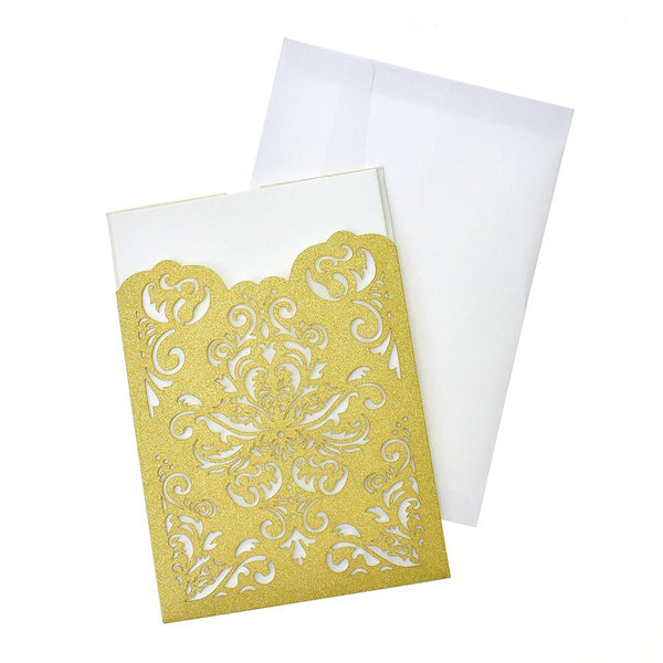 Blank Invitations Rectangle Laser Cut Design, 7-1/4-Inch, 8-Count, Gold