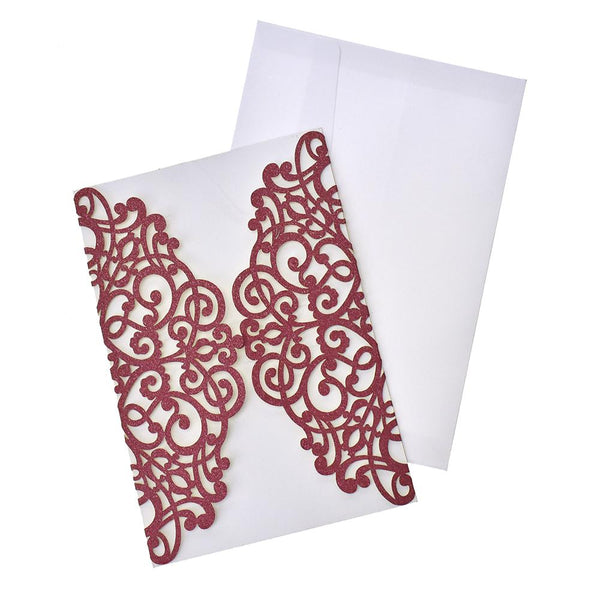 Glitter Scroll Swirl Laser Cut Invitations, 7-1/4-Inch, 8-Count, Burgundy