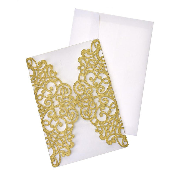 Glitter Scroll Swirl Laser Cut Invitations, 7-1/4-Inch, 8-Count, Champagne