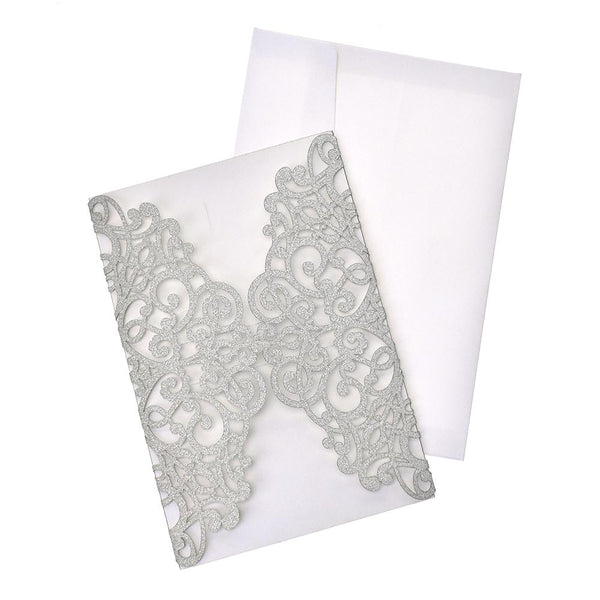 Glitter Scroll Swirl Laser Cut Invitations, 7-1/4-Inch, 8-Count, Silver