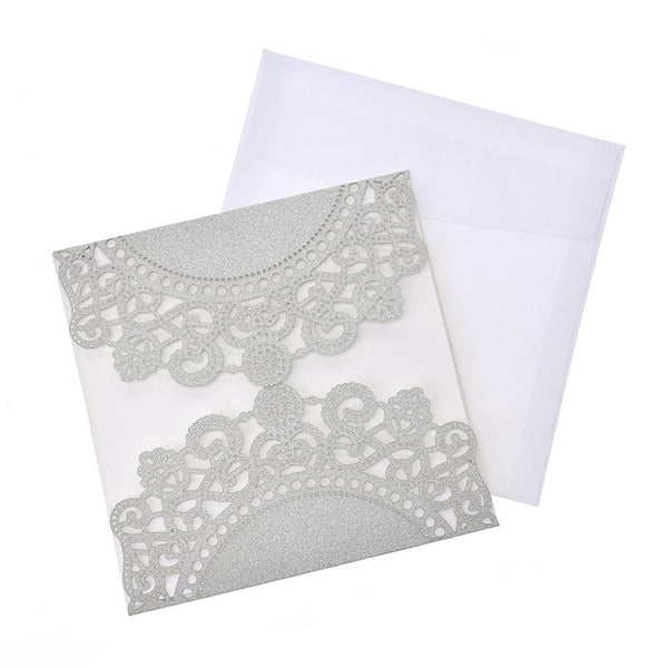 Mandala Lace Glitter Laser Cut Invitations, 5-3/4-Inch, 8-Count, Silver