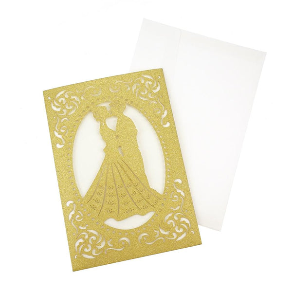 Mr. & Mrs. Laser Cut Glitter Invitations, 7-1/4-Inch, 8-Count, Gold