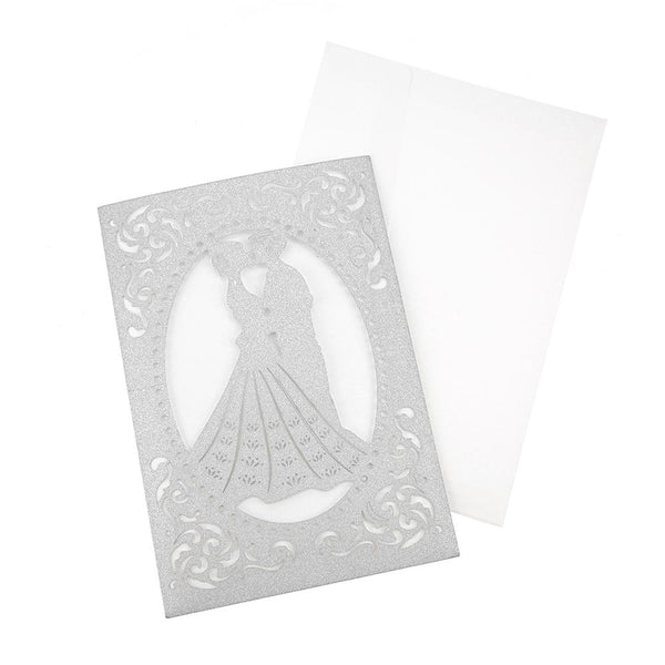 Mr. & Mrs. Laser Cut Glitter Invitations, 7-1/4-Inch, 8-Count, Silver