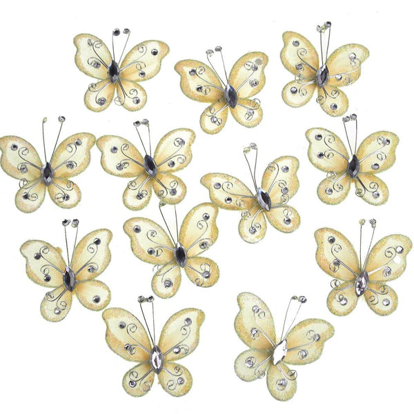 Organza Nylon Glitter Butterflies, 2-inch, 12-Piece, Ivory