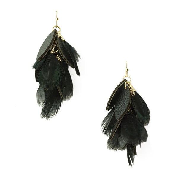 Hanging Leather and Feather Cluster Earrings, Black, 1-3/4-Inch