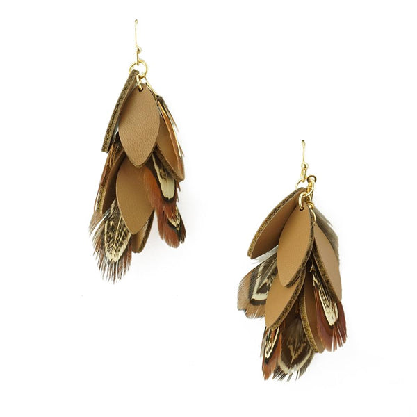 Hanging Leather and Feather Cluster Earrings, Brown, 1-3/4-Inch