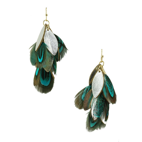 Hanging Leather and Feather Cluster Earrings, Silver, 1-3/4-Inch