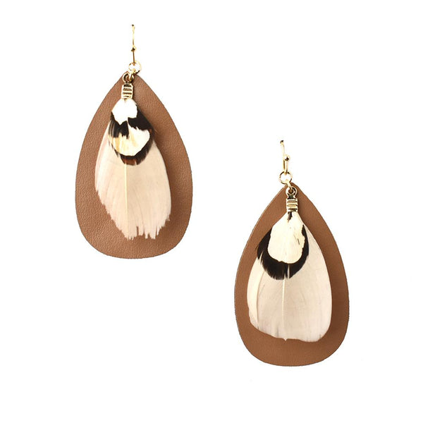 Tear Drop Shaped Leather With Feather Earrings, Brown, 2-Inch