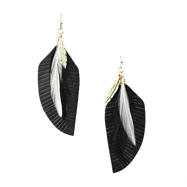 Feather Shaped Leather with Feather Drop Earrings, Black, 2-3/4-Inch