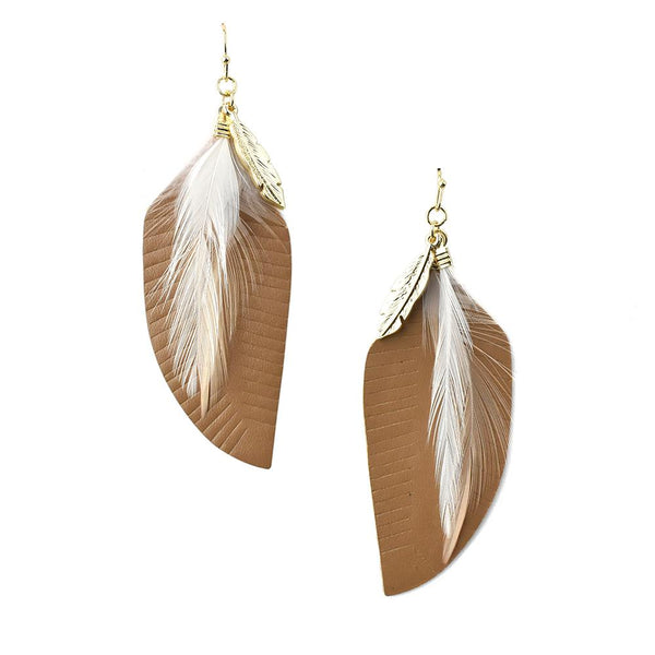 Feather Shaped Leather with Feather Drop Earrings, Brown, 2-3/4-Inch