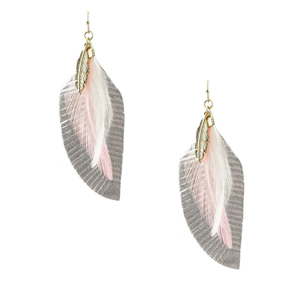 Feather Shaped Leather with Feather Drop Earrings, Silver, 2-3/4-Inch