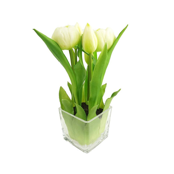 Artificial Tulip in Glass Vase Home Accent, 9-Inch, White