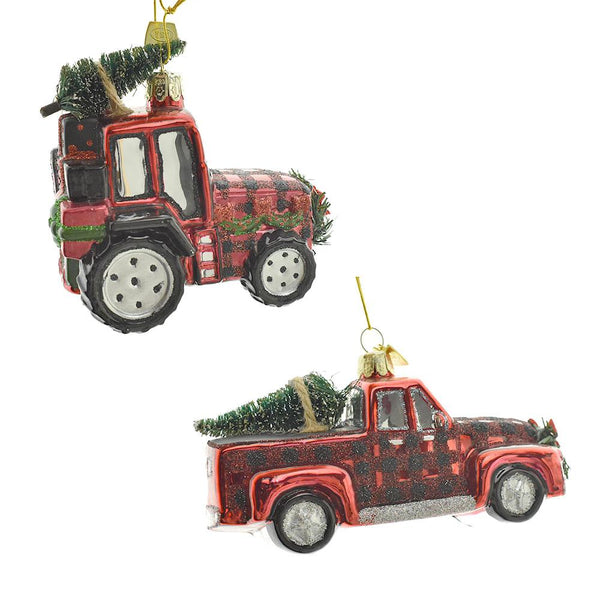 Plaid Truck Christmas Ornaments with Tree, 3-3/4-Inch, 2-Piece