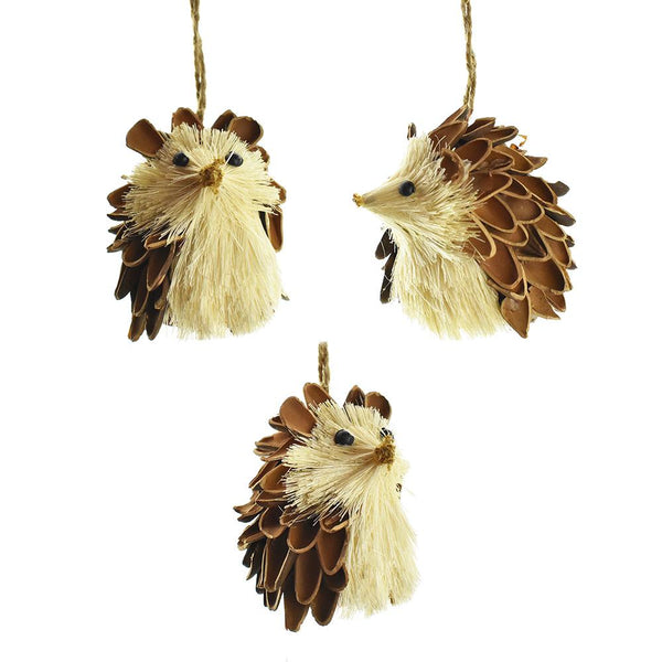 Pineseed Buri Hedgehog Ornaments with Twine Hanger, 2-Inch, 3-Piece