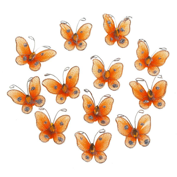 Organza Nylon Glitter Butterflies, 1-inch, 12-Piece, Orange