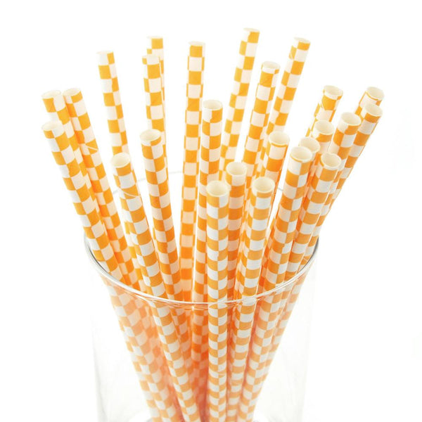 Race Car Checkered Paper Straws, 7-3/4-Inch, 25-Piece, Orange