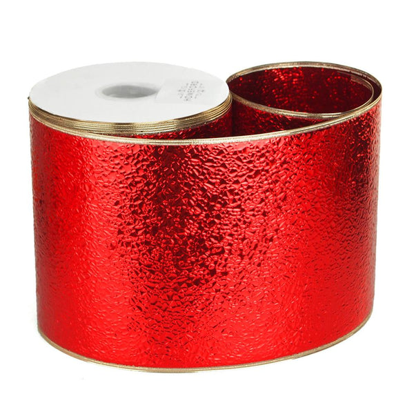 Water Resistant Cracked Ice Christmas Ribbon Wired Edge, Red w/Gold Edge, 4-Inch, 50-Yard