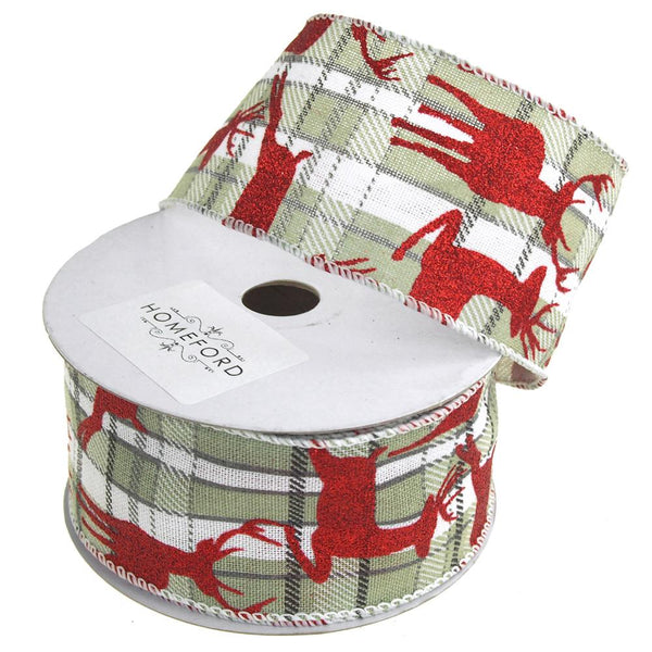 Reindeer Plaid Canvas Holiday Christmas Ribbon Wired Edge, 2-1/2-Inch, 10 Yards