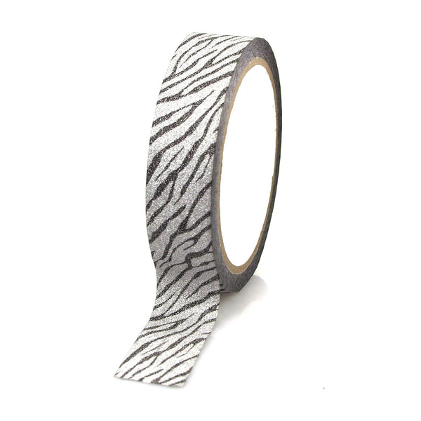 Glittery Zebra Print Tape Ribbon, 1-inch, 20-yard, Silver